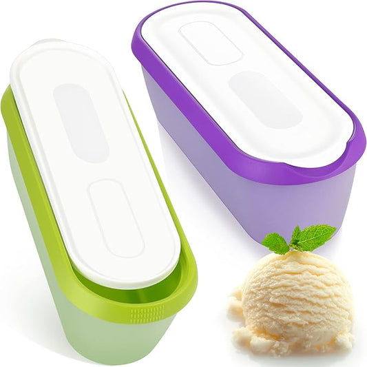 Patelai 2 Pieces Ice Cream Storage Containers with Lids and Non Slip Base Set 2.5 Quarts Ice Cream Tubs Reusable Homemade Ice Cream Container for Freezer (Green and Purple)