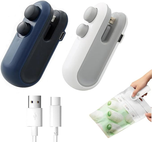 Mini Bag Sealer 2 Pack Bag Sealer with Cutter and Magnet 2 in 1 Mini Bag Resealer Machine Portable Handheld Rechargeable Heat Vacuum Food Sealer for Plastic Bags Snacks & Food Storage (2, white＆blue)