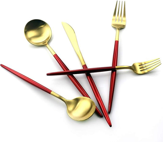 20 Pieces Matte Gold Red Handle 18/10 Stainless Steel Silverware, Flatware Titanium Black Cutlery, Utensils for Home Restaurant Service for 4, Dishwasher Safe (Red Gold)