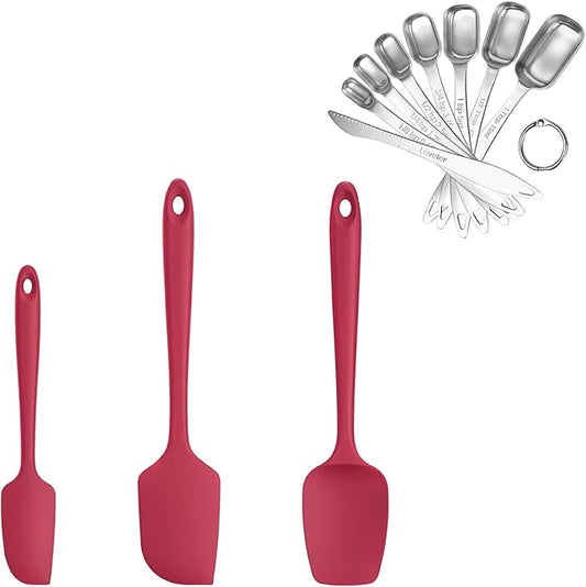 U-Taste 600ºF Heat Resistant Food Grade Silicone Spatula Set of 3, and 18/8 Stainless Steel Square Measuring Spoons Set of 8 (Red+Silver)