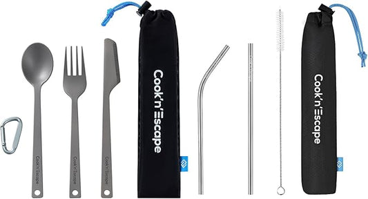 COOK'N'ESCAPE Titanium Camping Cooking Utensils, Lightweight Spoon Fork Knife Combo Flatware+Reusable Titanium Straw Set with Cleaning Brush for Kitchen Travel Picnic Hiking Backpacking Outdoors