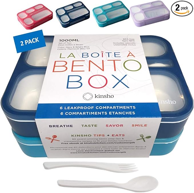 Bento-Box Lunch Boxes for Kids, Boys, Adults. Leakproof Lunch Set, Bentoboxes for School or Work. Portion Containers. BPA Free. 6 Compartments. Fork & Spoon. Blue & Navy Blue Large
