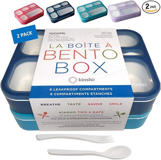 Bento-Box Lunch Boxes for Kids, Boys, Adults. Leakproof Lunch Set, Bentoboxes for School or Work. Portion Containers. BPA Free. 6 Compartments. Fork & Spoon. Blue & Navy Blue Large
