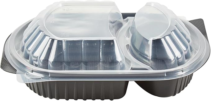 RW Base 28 Ounce Meal Prep Containers, 100 Microwavable To Go Containers With Lids - 2 Compartments, Disposable, Black Plastic Oval Food Containers, For Hot And Cold Food, Freezable - Restaurantware