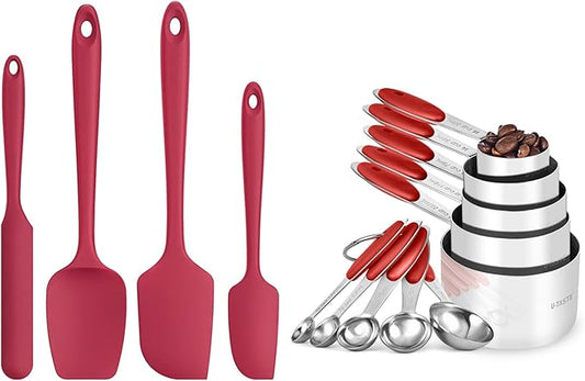 U-Taste 480ºF High Resistant BPA Free Silicone Spatula Set of 4 (Red), and Upgraded Measuring Cups and Spoons Set of 10 with Reinforced Welded Handle (Color)