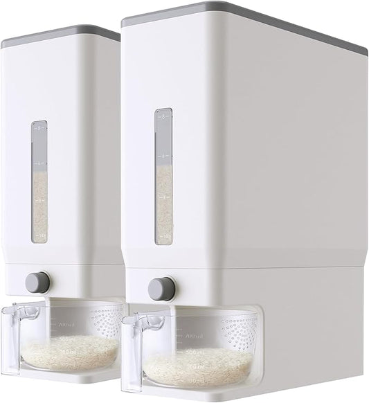 Lifewit 2 Pack Rice Dispenser 25 Lbs(11.3kg), Rice Storage Container Sealed Moisture Proof with Measuring Cup for Kitchen Pantry Household, BPA-Free, Whit