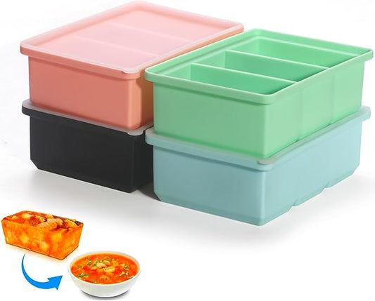 Silicone Freezer Tray with Lid - 1 Cup Silicone Food Freezer Tray - Large Ice Cube Freezer Molds - Soup, Sauce, leftovers, Homemade Meal Prep Freezing Kitchen Storage Containers - Multicolor - 4-Pack