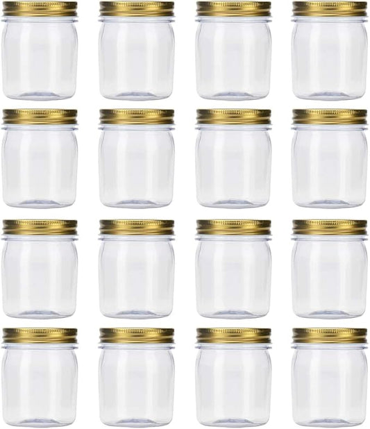 Novelinks 8 Ounce Clear Plastic Jars with Gold Lids - Refillable Round Containers, Storage Containers for Kitchen & Household - BPA Free (16 Pack)