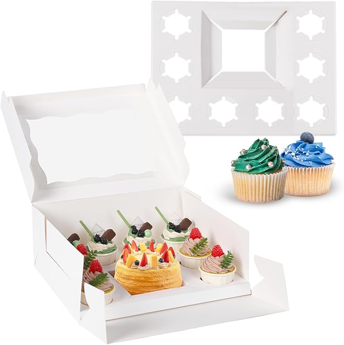 16 Pcs Cake and Cupcake Combo Bento Boxes with Clear Lid and 8 Cupcake Holes for Vanlentine Wedding Birthday Party Bakery Baking Supplies (1+8/16Pcs)
