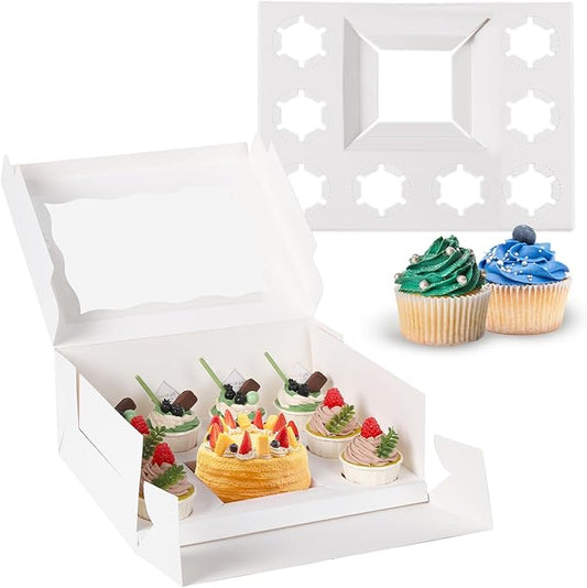 16 Pcs Cake and Cupcake Combo Bento Boxes with Clear Lid and 8 Cupcake Holes for Vanlentine Wedding Birthday Party Bakery Baking Supplies (1+8/16Pcs)