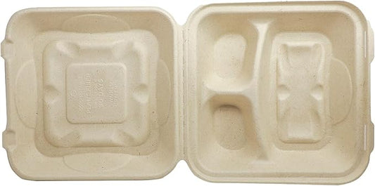 World Centric Compostable Clamshell Containers 9x9x3'', 3-Compartment - Grease and Moisture Resistant - 100 Pack
