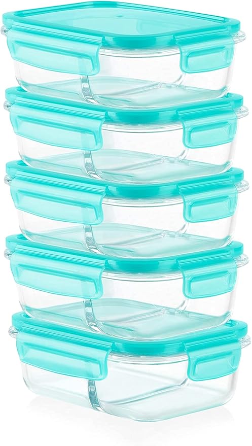 Pyrex Mealbox 10-Pc Bento Box Set, 2.3-Cup Divided Glass Food Storage Containers Set, Non-Toxic, BPA-Free Latching Lids, Freezer, Microwave and Top-Rack Dishwasher Safe