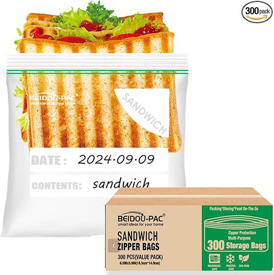 Sandwich Storage Zip Bags for Food On the Go, 300 Count| Double Zipper, Freshness Easy Open Reclosable Clear Plastic Bags