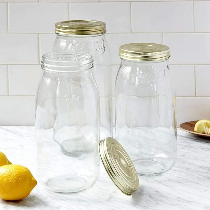 Le Parfait Screw Top Jar Wide Mouth French Glass Jar | Ideal for Food and Soup Storage, Canning, Flour, Brown Sugar, and other Baking Supplies (2L/64oz, Pack of 3, Gold)