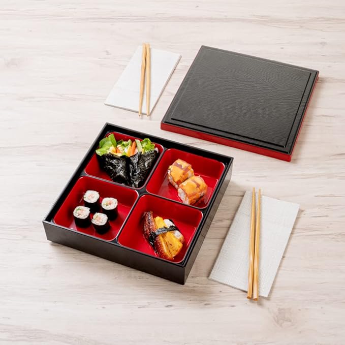 Restaurantware-10 x 2.4 Inch Compartment Lunch Container, 1 Japanese Style Adult Lunch Container - With 4 Compartments, Greaseproof, Black & Red Plastic Divided Lunch Box, For Hot & Cold Food