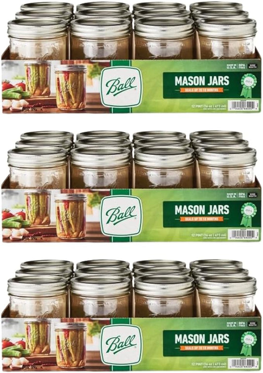 Ball Wide Mouth Glass Mason Jars with Lids and Bands, Used for Canning, Pickling, Juice, Jam, Jelly, Pint Size 16 Ounce (Pack of 36)