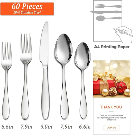 HaWare 60-Piece Silverware Set for 12, Stainless Steel Flatware Cutlery Tableware for Home, Modern Ergonomic Eating Utesils, Mirror Polished, Dishwasher Safe