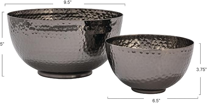 Bloomingville Round Hammered Metal, Set of 2 Sizes, Oxidized Silver Finish Bowl