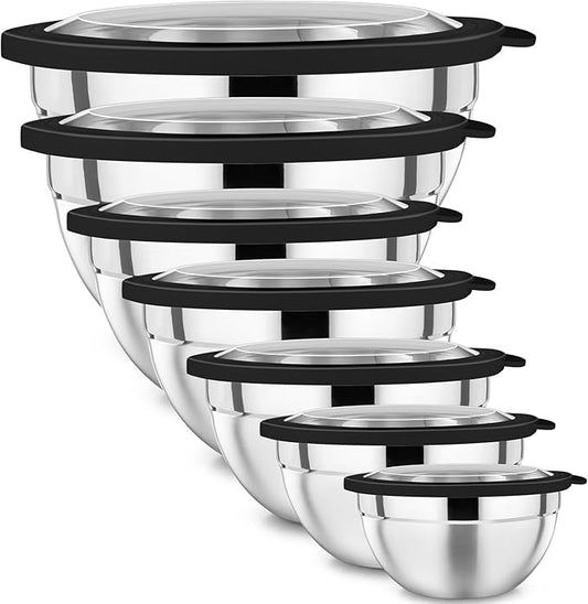 P&P CHEF Mixing Bowl with Lid Set, Stainless Steel Nesting Salad Bowls for Cooking Serving Prepping, Clear Lids & Stackable Design, Size 4.6, 3.5, 3, 2, 1.5, 1, 0.7 Qt - Black, Set of 7