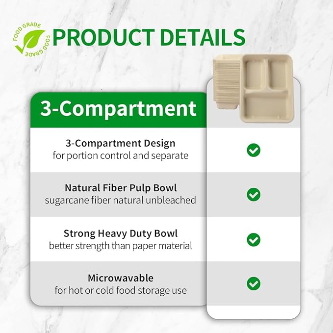 Bloomoom 100 Pack 3 Compartment Paper Bowls, Deep Disposable Lunch Trays with 3 Compartment, Microwavable for Food Services at Party, Church, Food Court