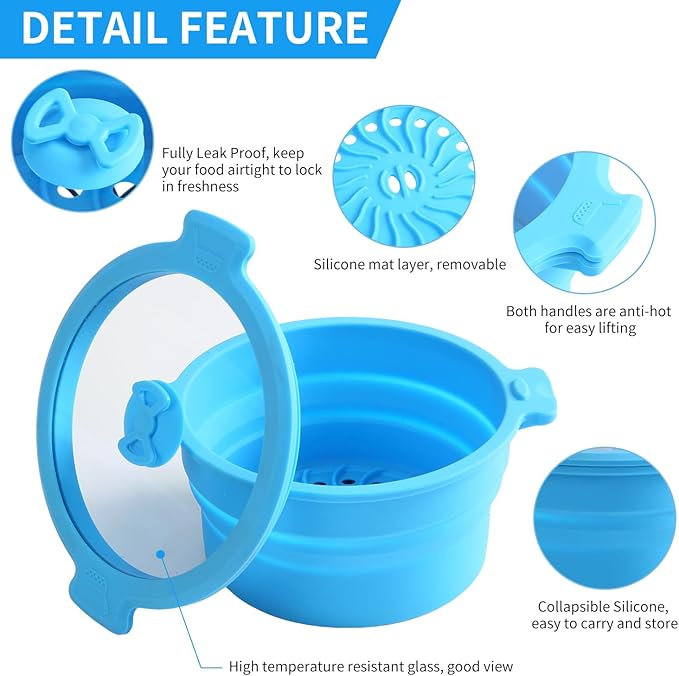 Collapsible Silicone Microwave Cookware Cooker Steamer for Cooking with Lids, 0.8L Glass Food Storage Container Sealed Bowl Mixing Bowls 2pc Set BPA Free