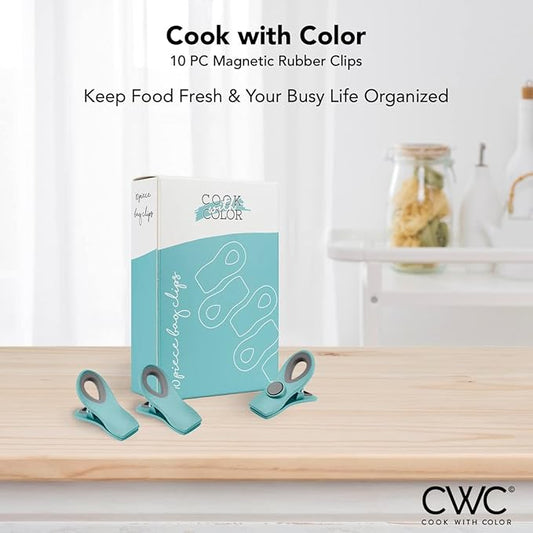 COOK WITH COLOR Bag Clips with Magnet- Food Clips, Chip Clips, Bag Clips for Food Storage with Airtight Seal Grip for Bread Bags, Snack Bags and Food Bags (Teal, Pack of 10)