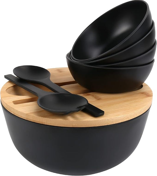 ShineMe Salad Bowls, Large Salad Bowl with Lid and Servers, Bamboo Salad Bowl Set with 4Pack Small Serving Bowls, 9.8inches Solid Kitchen Bowl for Fruits, Vegetables and Pasta...(Black)