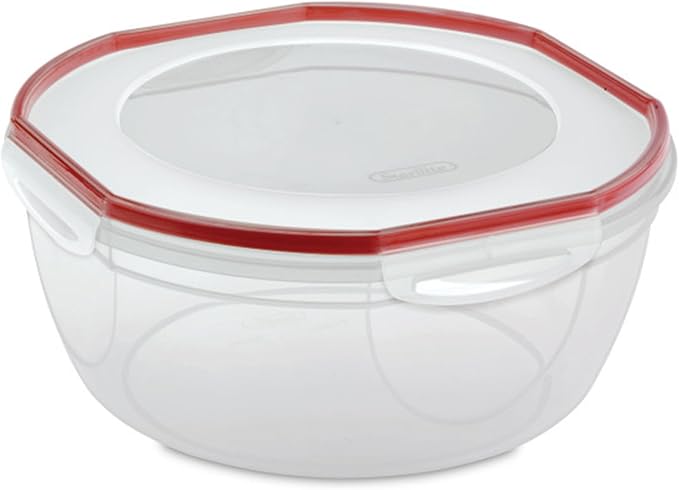 Sterilite Ultra-Seal 8.1 Qt Bowl, Large Airtight Food Storage Container, Latching Lid, Microwave and Dishwasher Safe, Clear With Red Gasket, 2-Pack