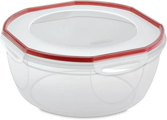 Sterilite Ultra-Seal 8.1 Qt Bowl, Large Airtight Food Storage Container, Latching Lid, Microwave and Dishwasher Safe, Clear With Red Gasket, 2-Pack