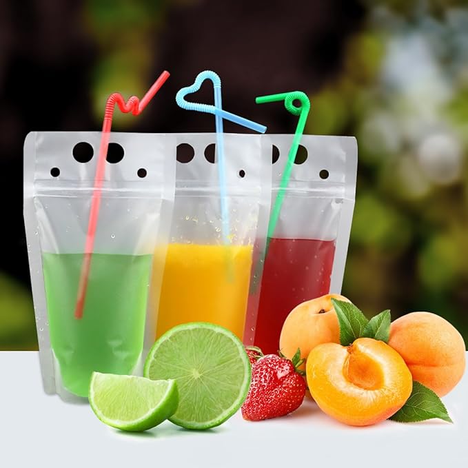 100 Pcs Drink Pouches with 100 Straw Holes, Freezable Juice Pouches, Translucent Reclosable Zipper Plastic Pouche Drink Bags for Cold & Hot Drinks for Adults and Kids