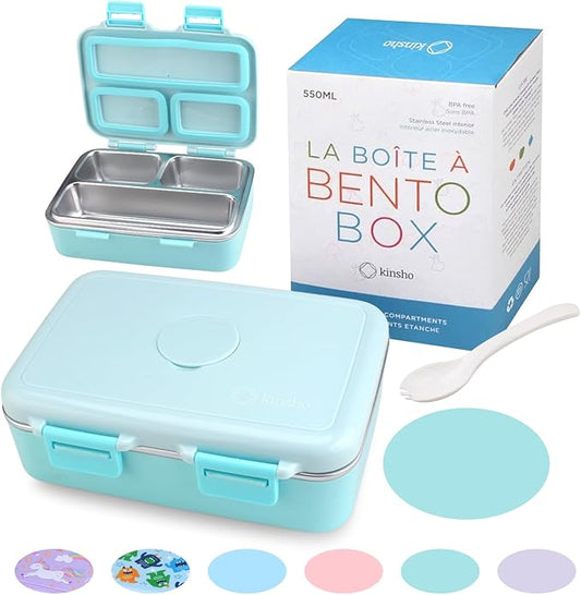 kinsho Stainless Steel Lunch Box for Baby or Toddlers Boys Girls, Insulated Mini Bento, 3 Eco Metal Portion Sections Leakproof Lid, Pre-School Daycare Lunches, Kids Spill-Proof Snack Container, Green