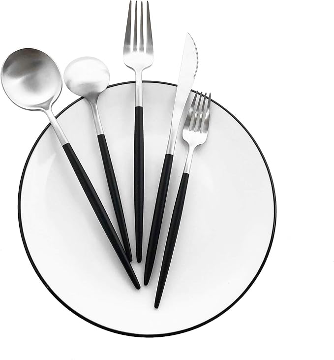 Matte Silverware Set, 10-Piece 18/10 Stainless Steel Satin Finish Flatware Set Service for 2, Kitchen Utensil Set, Tableware Cutlery Set for Home Restaurant (Black Handle Silver, 10-Piece)