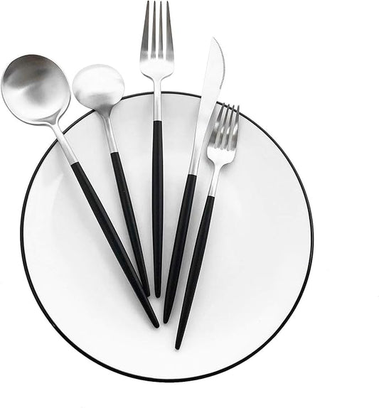 Matte Silverware Set, 10-Piece 18/10 Stainless Steel Satin Finish Flatware Set Service for 2, Kitchen Utensil Set, Tableware Cutlery Set for Home Restaurant (Black Handle Silver, 10-Piece)