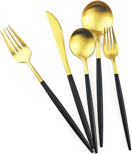 Black Gold Flatware, Royal 20 Piece Matte Black Handle 18/10 Stainless Steel Tableware Sets for 4 Including Forks Spoons Knives, Camping Silverware Travel Utensils Set Cutlery (Black Gold)