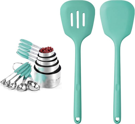 U-Taste 18/8 Stainless Steel Measuring Cups and Spoons (Set of 10, Aqua Sky), and 600ºF Heat Resistant Silicone Turners, 13.6in Long Solid & Slotted Kitchen Spatula (Aqua Sky)