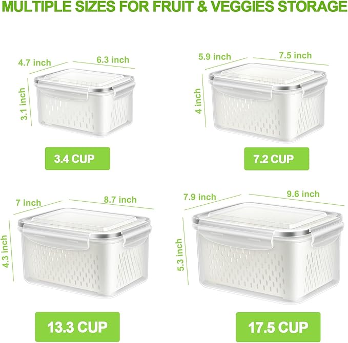 TBMax Fruit Storage Containers for Fridge Organizers and Storage, 4 Pack Large Produce Saver with Airtight Lid & Colander for Berry Lettuce Salad Vegetable Storage, Refrigerator Organizers