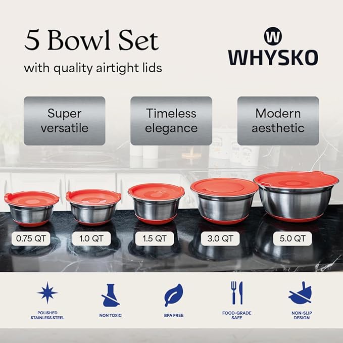 WHYSKO® Stainless Steel Mixing Bowls With Lids Plus Stainless Steel Whisk, Potato Masher and Grater Lids, 5 Nesting Mixing Bowls And Kitchen Tools for Meal Prep, Cooking, Baking, Serving, Food Storage