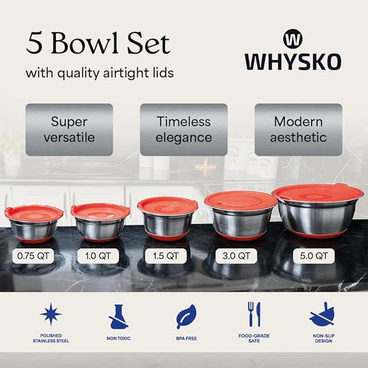 WHYSKO® Stainless Steel Mixing Bowls With Lids Plus Stainless Steel Whisk, Potato Masher and Grater Lids, 5 Nesting Mixing Bowls And Kitchen Tools for Meal Prep, Cooking, Baking, Serving, Food Storage