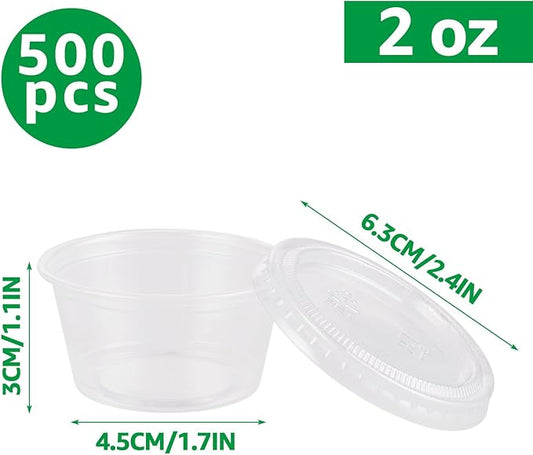500 Sets 2 Oz Disposable Plastic Portion Cups | Jello Shot Cups with Lid, Plastic Souffle Cups | Sauce Cups with Lids Bulk, Small Plastic Condiment Containers with Lids for Sauce Dressing or Shots