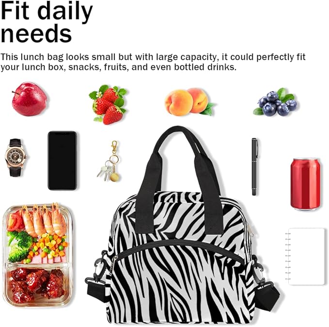 Pardick Animal Zebra Black White Insulated Lunch Bag for Women Men Adult Tote with Shoulder Strap Reusable Box Large Containers Thermal Cooler Work School Picnic Lightweight Handbag