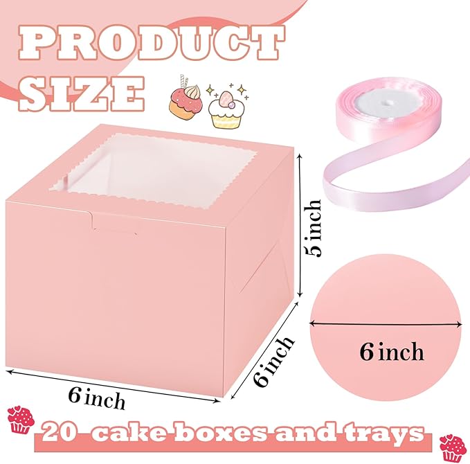 KPOSIYA 40pcs 6x6x5 inch Mini Cake Boxes with Cake Boards (20 Boxes & 20 Boards), Pink Bakery Box with Window for Treat Dessert Pastry Donuts Macaroon Strawberries Chocolate Candy