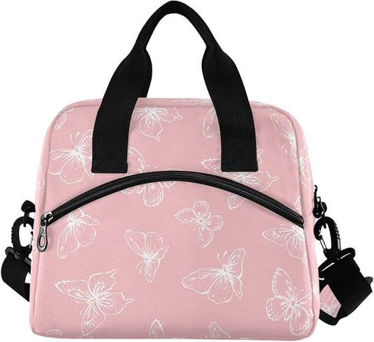 Pink Butterfly Lunch Bag for Man and Women Water-Resistant Fabric Lunch Box, Portable Insulated Meal Tote with Front Pocket