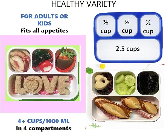 Bento Lunch-Box for Kids and Adults: Leakproof Lunch Boxes with 4 Compartments, Divided Containers for Boys Girls Women Men - School Work Portion Container, Utensils, Blue + Rose Pink Set