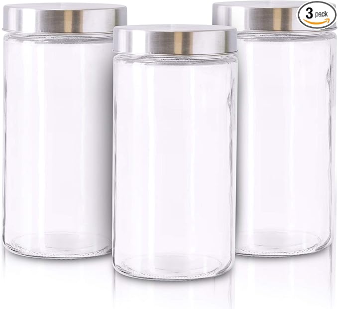 Glass Jars for Kitchen – Set of 3 Large Food Storage Containers – 60Oz Storage Jars with Metallic Lids – Multipurpose Glass Containers for Snacks, Coffee, Pet Treats – Screw-On Lid