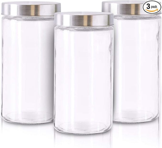 Glass Jars for Kitchen – Set of 3 Large Food Storage Containers – 60Oz Storage Jars with Metallic Lids – Multipurpose Glass Containers for Snacks, Coffee, Pet Treats – Screw-On Lid