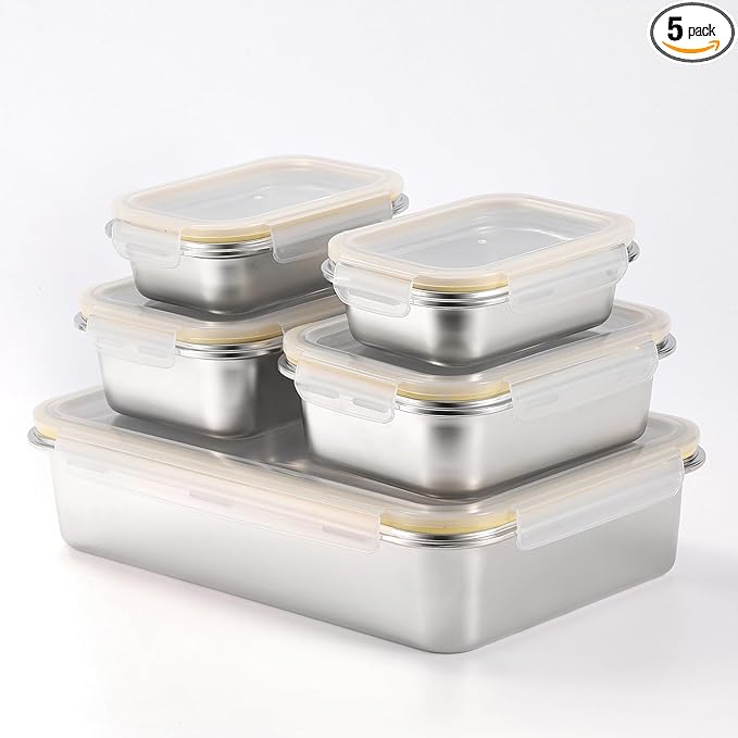 18/8 Stainless Steel Food Storage Containers, Meal Preparation Container Set, Baking Pan, Leak Proof Stackable Light and Easy Storage, Metal Set of 5 (2PC 21oz/2PC 43oz/1PC 169oz)