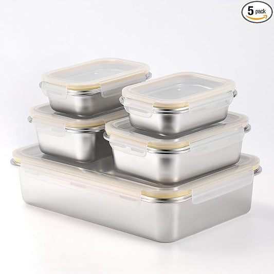18/8 Stainless Steel Food Storage Containers, Meal Preparation Container Set, Baking Pan, Leak Proof Stackable Light and Easy Storage, Metal Set of 5 (2PC 21oz/2PC 43oz/1PC 169oz)