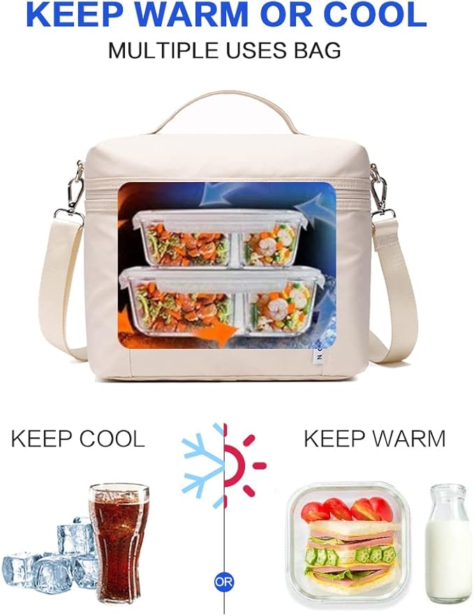 NOL Natural Organic Lifestyle Insulated Lunch Bags for Women Cooler Bag Lightweight Nylon Waterproof Lunch Box For Work（Medium, Cream