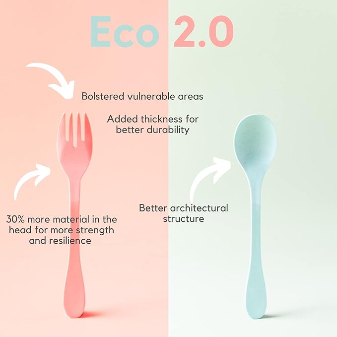 KNORK Eco Plant Based Cutlery Bamboo Reusable Flatware Set, 24 Piece (12 Eco Forks, 12 Eco Spoons), Multi - Mint, Coral, White