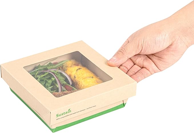 Restaurantware-34 Ounce Sturdy Paper Take Out Boxes, 200 Disposable Take Out Food Containers - With PLA lining, Paper Lid With Clear PLA Window, Bamboo Paper Containers, Compostable, Greaseproof